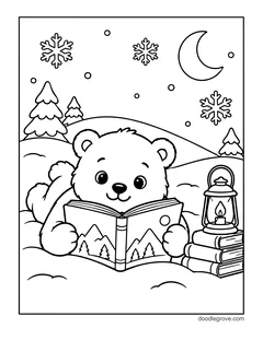 A polar bear cub reading a picture book next to a lantern and a stack of books, with pine trees, a moon and snowflakes