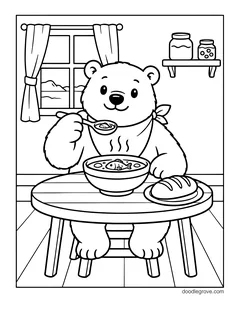 A polar bear in a napkin eating a bowl of fish soup at a wooden table, with bread, a window and jars on a shelf