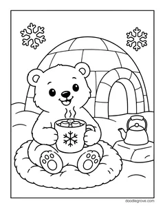 A polar bear cub sitting on a fur rug and holding a mug of hot cocoa, in front of an igloo with a kettle and snowflakes