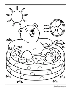 A polar bear sitting in a paddling pool with ice cubes and a rubber duck, next to an electric fan, under the sun