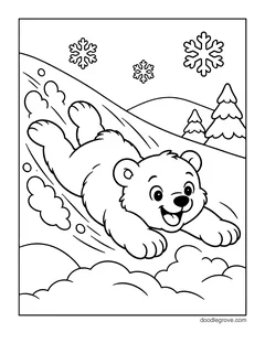 A polar bear cub sliding on its belly down a snowy hill, with pine trees and snowflakes
