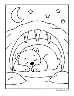 A polar bear asleep inside a snow den with icicles, under a crescent moon and stars