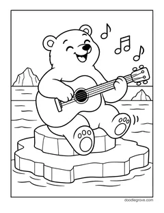 A polar bear sitting on a block of ice and playing a guitar, with music notes, water and icebergs