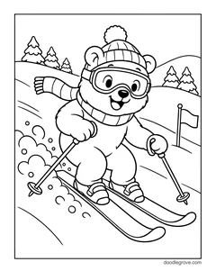 A polar bear in goggles, a pom-pom hat and a scarf skiing down a snowy slope, with a flag and pine trees