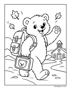 A polar bear walking to school with a backpack and a lunchbox, with a schoolhouse and falling leaves