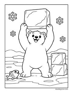 A polar bear lifting a big block of ice over its head next to stacked ice blocks, with a fish and snowflakes