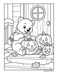 A polar bear in a scarf carving jack-o'-lanterns on a porch, with fall leaves