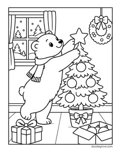 A polar bear in a scarf putting a star on top of a Christmas tree, with a wreath, a snowy window, presents and a box of ornaments