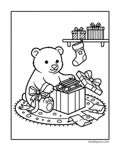 A polar bear cub unwrapping a present with a sled inside, on a round rug with a stocking and a shelf of gifts