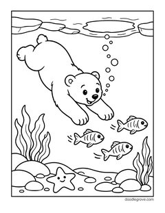 A polar bear diving under the ice with bubbles, fish, seaweed, rocks and a starfish