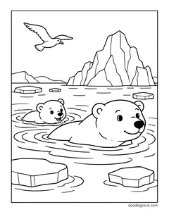 A mother polar bear and her cub swimming between ice floes, with an iceberg and a seagull
