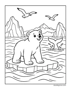 A polar bear standing on an ice floe in the sea, with a whale tail, mountains, icebergs and seagulls