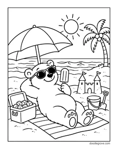 A polar bear in sunglasses relaxing on a beach towel with a popsicle, under an umbrella with a cooler, a sandcastle and a palm tree