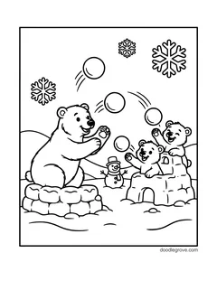 A polar bear juggling snowballs for two cubs peeking out of a snow fort, with a small snowman and snowflakes