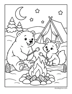 A polar bear and an arctic fox roasting marshmallows over a campfire, with a tent, pine trees, a moon and stars