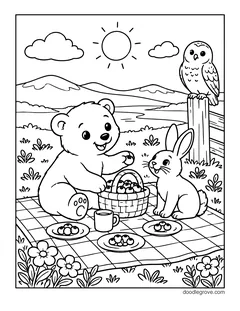 A polar bear and an arctic hare having a picnic with a basket of berries, plates and a mug, with a snowy owl on a post and flowers