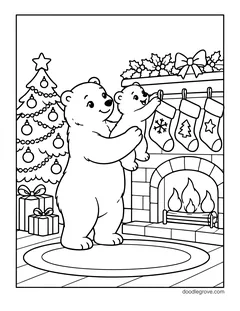 A mother polar bear lifting her cub to hang Christmas stockings over a fireplace, with a Christmas tree and presents