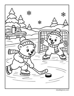 Two polar bear cubs in hats and scarves playing ice hockey with a stick, a puck and a goal, with pine trees and snowflakes