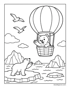 A polar bear cub waving from a hot air balloon to another cub on an ice floe, with icebergs, clouds and birds