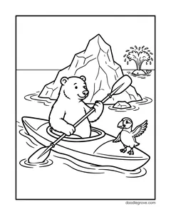 A polar bear paddling a kayak with a puffin on the front, an iceberg and a whale spouting behind