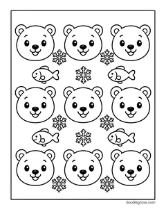 Nine smiling polar bear faces in rows, with little fish and snowflakes between them