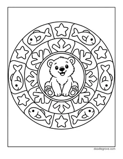 A round mandala of fish, stars and snowflake shapes with a polar bear cub sitting in the middle