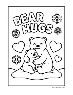The words Bear Hugs above a mother polar bear hugging her cub, with hearts and snowflakes