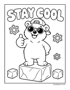 The words Stay Cool above a polar bear in sunglasses and a cap giving a thumbs up on a block of ice, with ice cubes and snowflakes