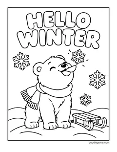 The words Hello Winter above a smiling polar bear cub in a scarf, with a sled and snowflakes