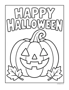 A large jack-o'-lantern with a curly stem and two leaves under the words Happy Halloween in bubble letters
