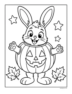 A bunny wearing a round jack-o'-lantern costume and waving with both paws between two maple leaves