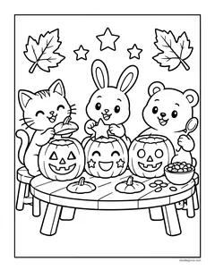 A cat, a bunny and a bear carving three jack-o'-lanterns at a wooden table, with seeds, small pumpkins and a bowl of candy