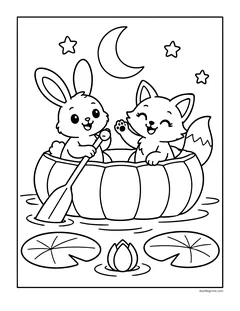 A bunny rowing and a fox waving from a boat made from a hollow pumpkin, floating among lily pads under the moon