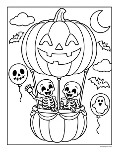 Two waving skeletons riding in the basket of a jack-o'-lantern hot air balloon, with bats, clouds and skull and ghost balloons