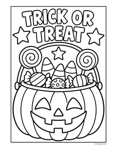 The words Trick or Treat above a jack-o'-lantern bucket overflowing with lollipops, candy corn and wrapped candies