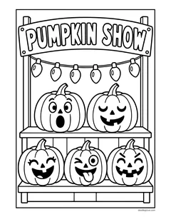 A wooden stand with a Pumpkin Show sign and string lights showing five jack-o'-lanterns with surprised, sleepy, happy, winking and grinning faces