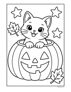 A kitten peeking over the rim of a big jack-o'-lantern, with stars and autumn leaves