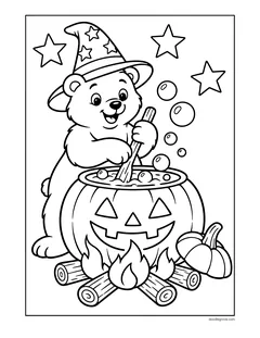 A bear in a starry witch hat stirring a bubbling jack-o'-lantern cauldron over a campfire, with a small pumpkin beside it
