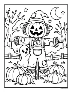 A scarecrow with a jack-o'-lantern head and patched overalls in a pumpkin field, with a little ghost, bare trees and a crescent moon