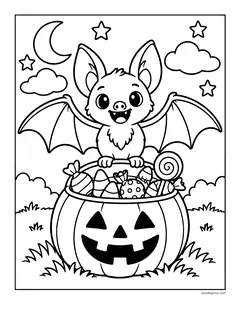 A smiling bat with open wings perched on a jack-o'-lantern bucket full of candy, with a crescent moon, clouds and stars
