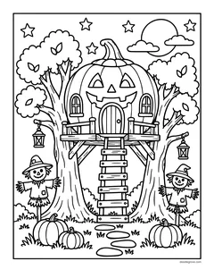 A tree house shaped like a jack-o'-lantern between two trees, with a ladder, lanterns, two small scarecrows and pumpkins