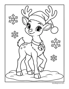 A baby reindeer in a Santa hat with a bell on its collar standing in the snow, with snowflakes