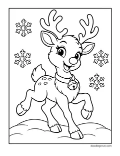 A happy spotted baby reindeer skipping through the snow with a bell collar, with snowflakes