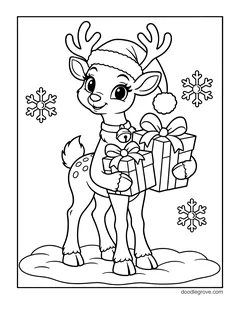 A baby reindeer in a Santa hat carrying a stack of presents, with snowflakes