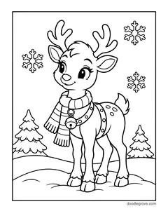 A baby reindeer in a striped scarf and a harness with bells standing between two pine trees