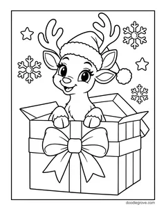 A baby reindeer in a Santa hat popping out of a big present with a bow, with stars and snowflakes