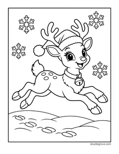 A baby reindeer in a Santa hat leaping over the snow and leaving hoof prints, with snowflakes