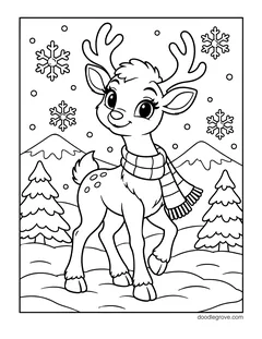 A baby reindeer in a scarf standing in the snow with pine trees and mountains behind, with falling snowflakes
