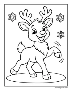 A baby reindeer laughing with one hoof raised, standing in the snow, with snowflakes