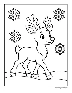 A baby reindeer walking across the snow, seen from the side, with snowflakes